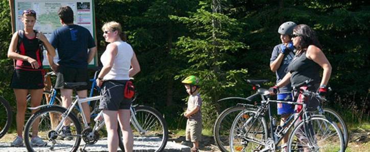 Eine Gruppe Radfahrer steht vor einer Karte auf einem Waldweg