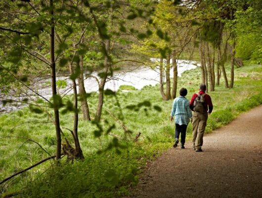 Zwei Wanderer wandern entlang der Ilz im Bayerischen Wald